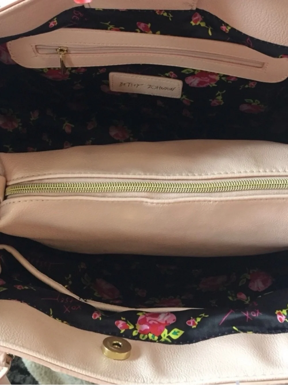 Betsey Johnson Pink and Cream Striped Satchel with Bow Charm